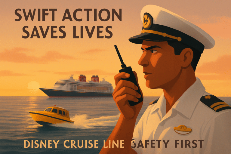 <prompt>A dramatic, yet simple scene showing a vigilant Disney Cruise Line crew member in uniform speaking into a radio, alerting 