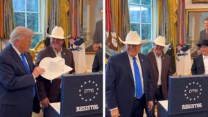 President Donald Trump Wears $10K Cowboy Hat in Oval Office